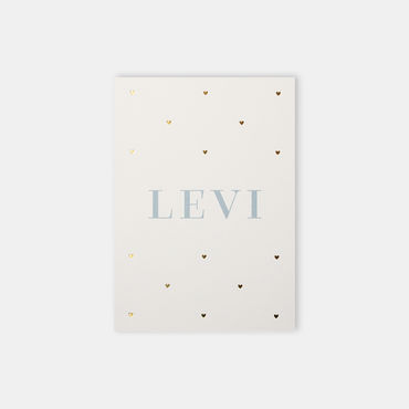 Lief geboortekaartje jongen met patroon hartjes in goudfolie | voorkant