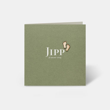 Geboortekaartje Jipp_houten voetjes_mosgroen_260x130_voorkant