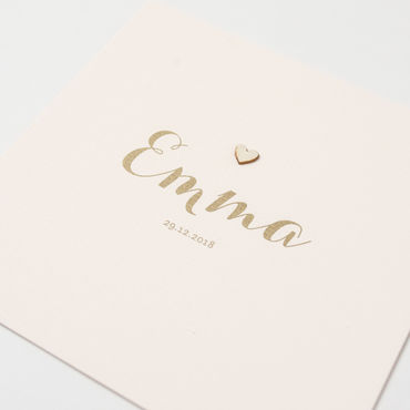 Lief geboortekaartje met houten mini-hartje | perzik + bling goud