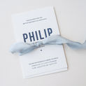 Geboortekaartje Philip | deftig blauw | letterpers | ruitjespapier