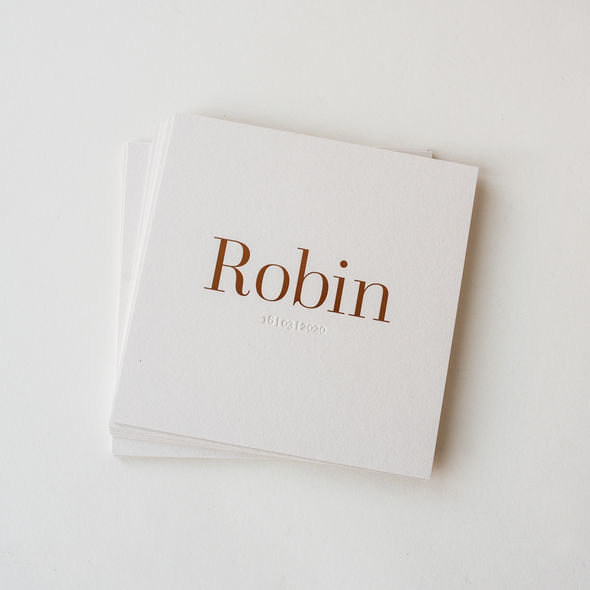 Geboortekaartje Robin | uniek | zachtroze | folie koper glimmend