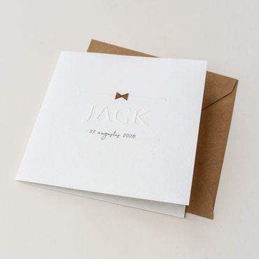 Geboortekaartje Jack Jacob | jongen | preeg | houten mini-strikje (donker)