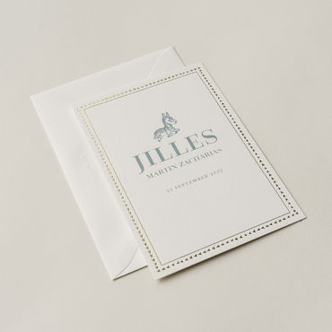 Geboortekaartje Jilles | oudblauw | gouden hartjesrand | ezeltje | speciaal