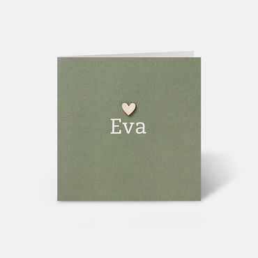 Minimalistisch geboortekaartje meisje met houten hart | mosgroen | voorkant