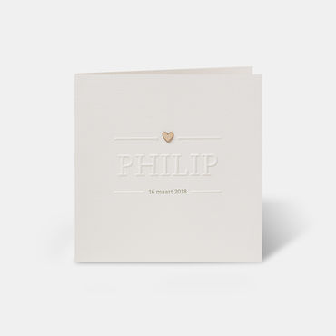 Minimalistich geboortekaartje voor een jongen met houten mini-hartje | naam embossing, preeg, reliëfdruk | voorkant