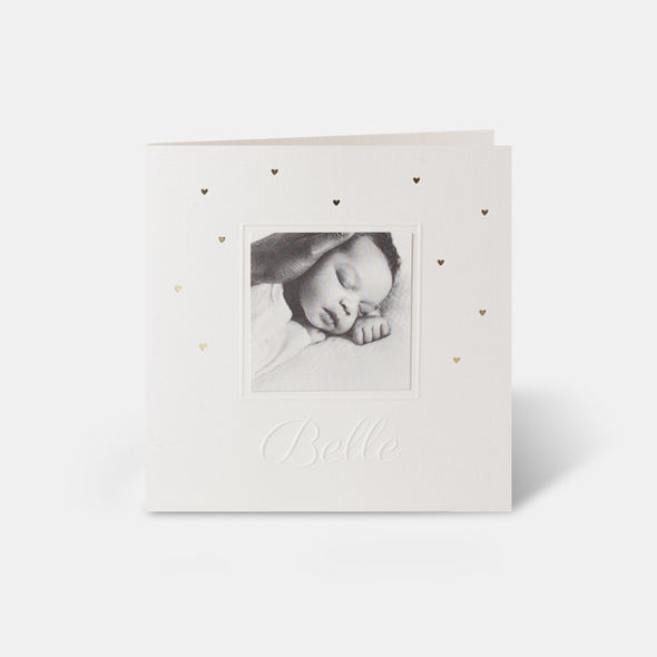 Bijzonder geboortekaartje neutraal met hartjes in goudfolie | losse fotokaart | embossing | voorkant