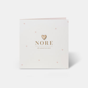 Scandinavisch geboortekaartje meisje | lief roze + bling goud | aquarel hartjes | houten hart | voorkant