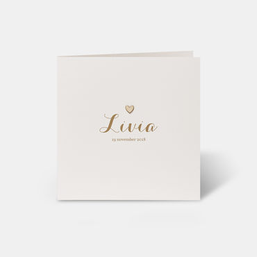 Klassiek geboortekaartje meisje | bling goud | mini-houten hart | voorkant