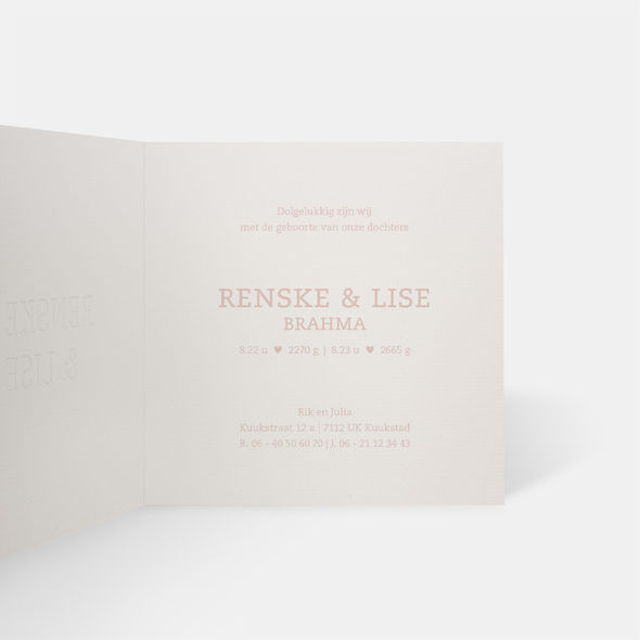 Geboortekaartje Renske & Lise | blind preeg | oud roze | houten mini hart | 260x130