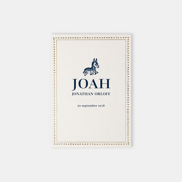 Geboortekaartje Joah | folierand hartjes | goudfolie | ezeltje | deftig blauw